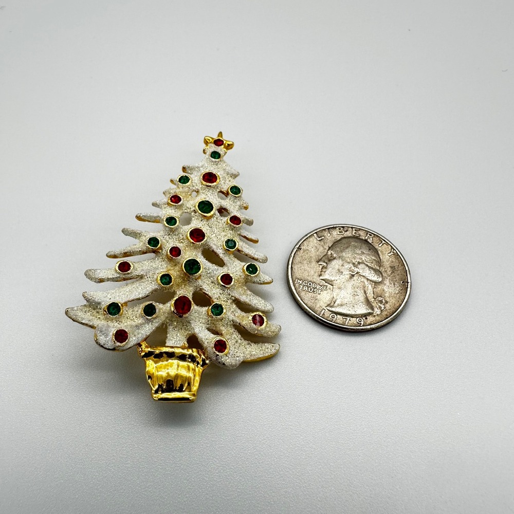 Eisenberg Ice Christmas Tree Brooch White Enamel Rhinestone Gold Tone Small - Picture 5 of 5